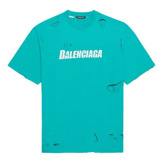 Men's Balenciaga SS21 Alphabet Printing Pattern Hole Round Neck Short Sleeve Green 651795TKVB84661